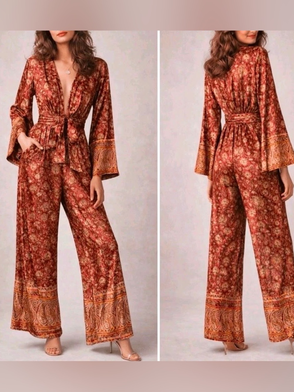 Free People Harper Velvet Bell Sleeve Jumpsuit in Sangria Size S - Picture 3 of 11